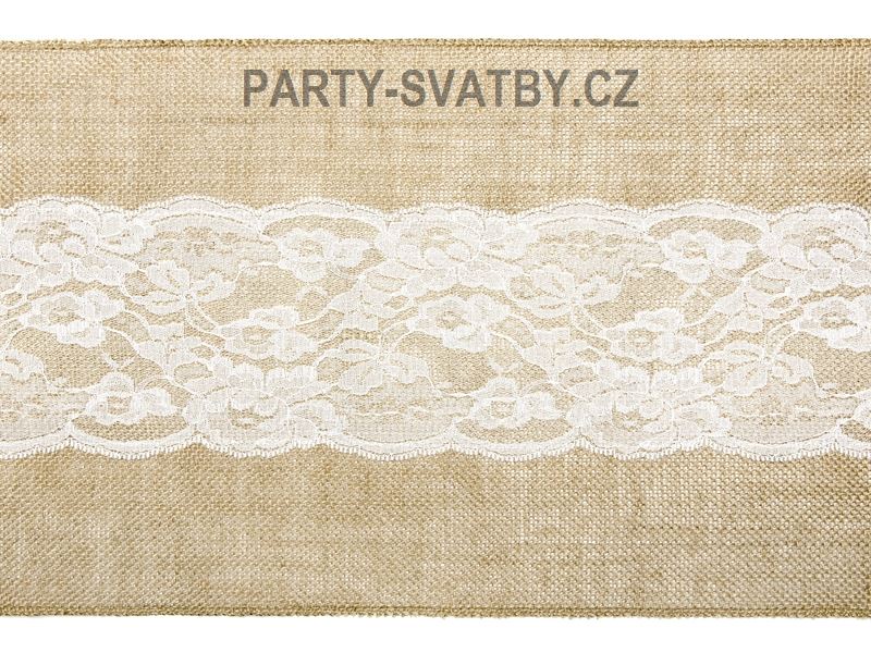 Stolní běhoun juta 28cm x 2,75m krajka uprostřed bílá