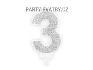 Narozeninové svíčky - číslo "3" glitter stříbrná