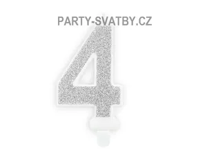 Narozeninové svíčky - číslo "4" glitter stříbrná