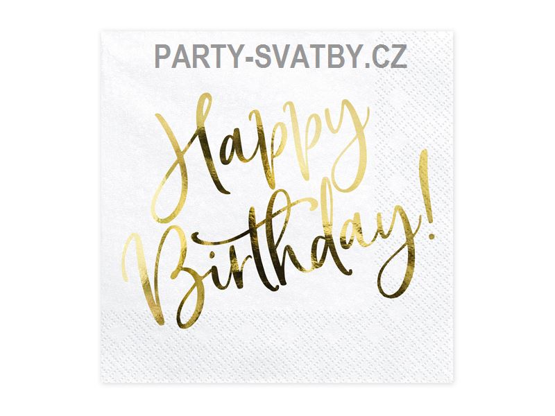 Ubrousek 33cm třívrstvý "Happy Birthday" 20 ks zlatá