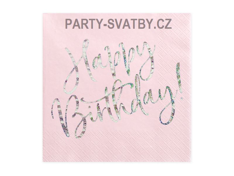 Ubrousek 33cm třívrstvý "Happy Birthday" 20 ks růžová