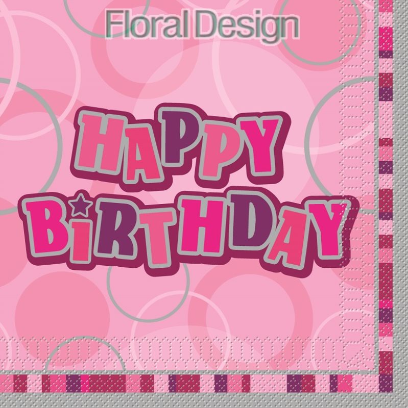 Ubrousek 33cm třívrstvý "Happy Birthday" 16ks růžová