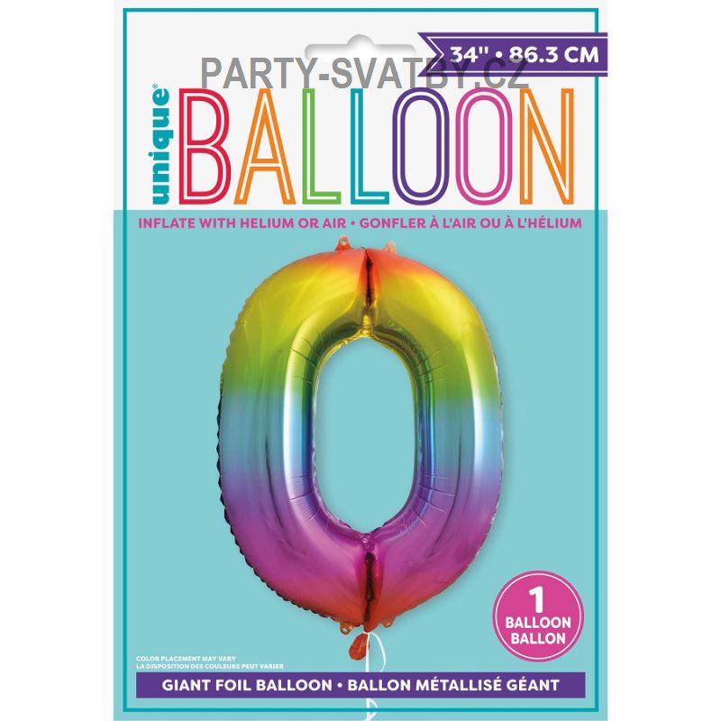 Balonek foliový 86cm číslice "0" duha