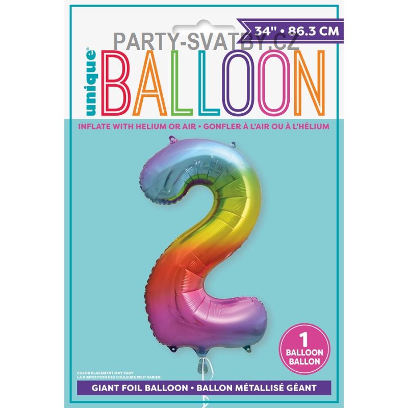 Balonek foliový 86cm číslice "2" duha