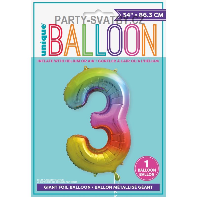 Balonek foliový 86cm číslice "3" duha