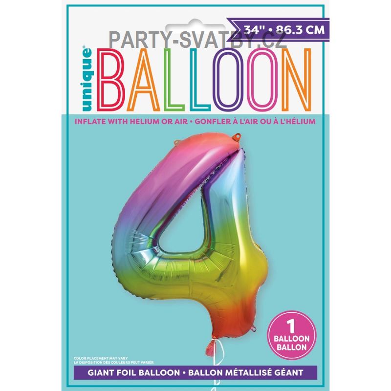 Balonek foliový 86cm číslice "4" duha