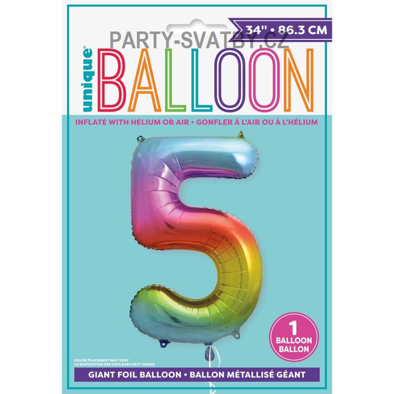 Balonek foliový 86cm číslice "5" duha