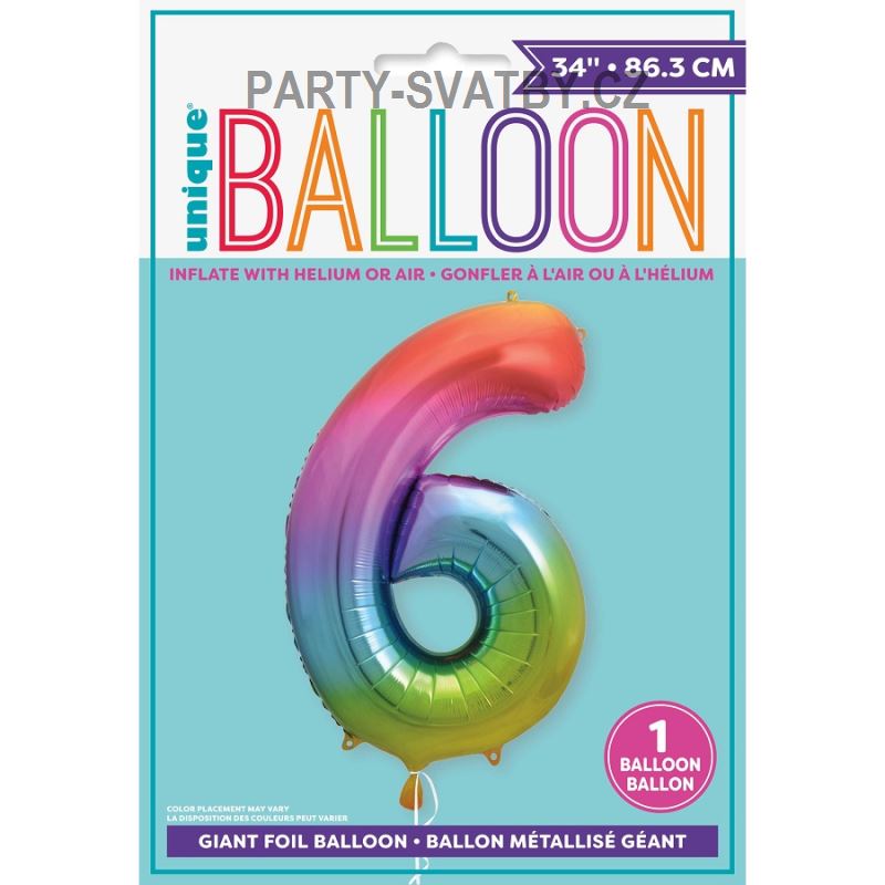 Balonek foliový 86cm číslice "6" duha