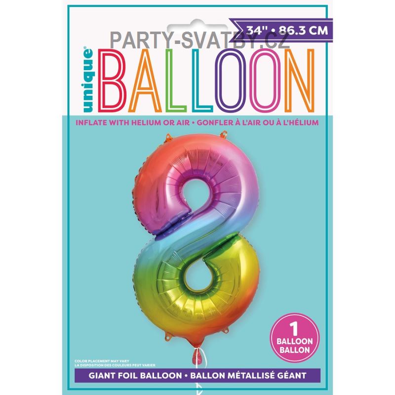 Balonek foliový 86cm číslice "8" duha