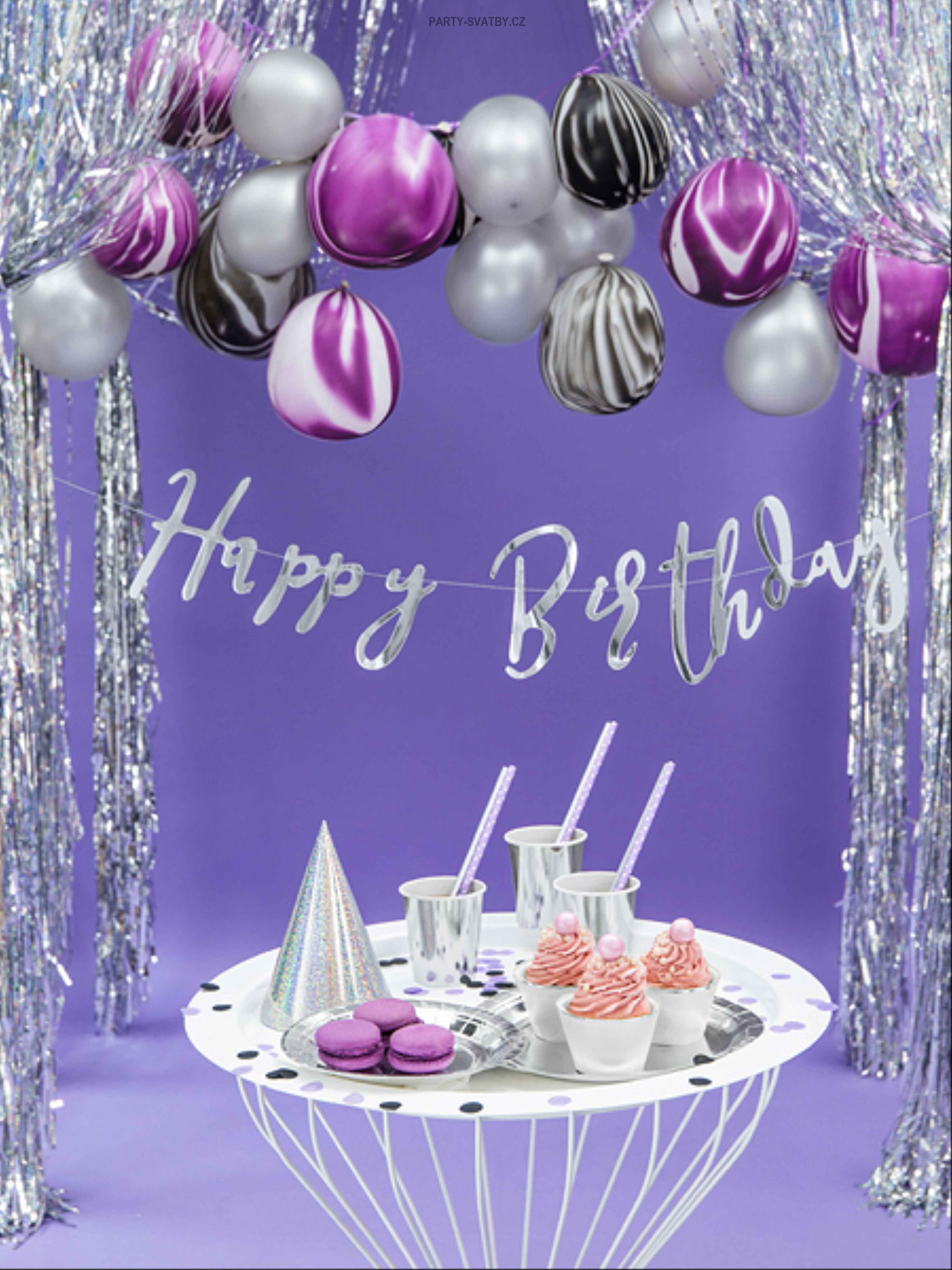 Baner "Happy birthday" 62 x 17cm stříbrná