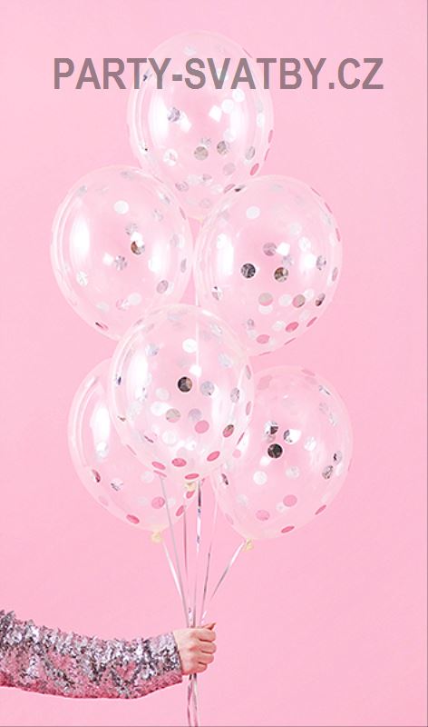 Balonek latexový průhledný 30cm konfety puntík stříbrná 6ks