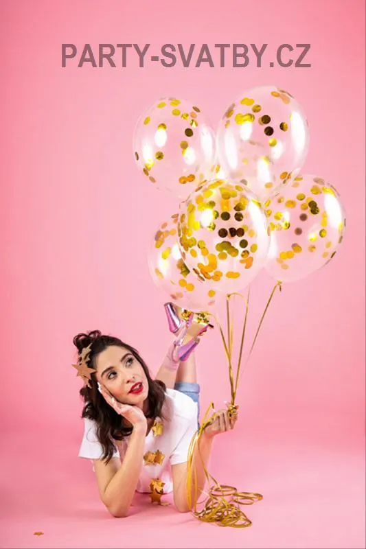 Balonek latexový průhledný 30cm konfety puntík zlatá 6ks