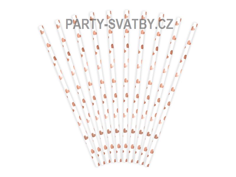Brčka papírová - srdce rose gold 10ks bílá