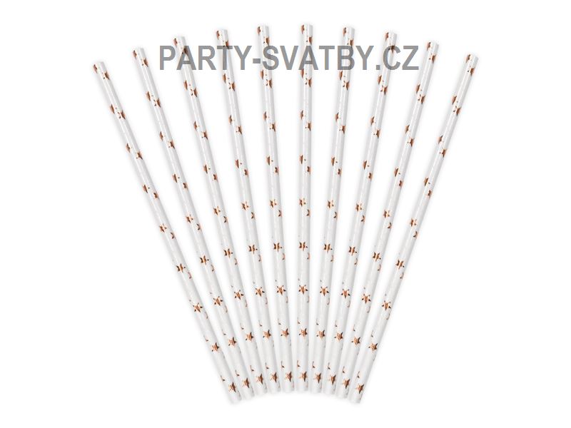 Brčka papírová - hvězdičky rose gold 10ks bílá