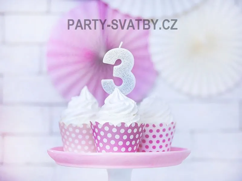 Narozeninové svíčky - číslo "3" glitter stříbrná