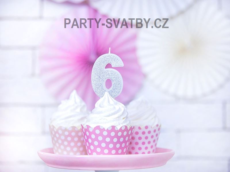 Narozeninové svíčky - číslo "6" glitter stříbrná