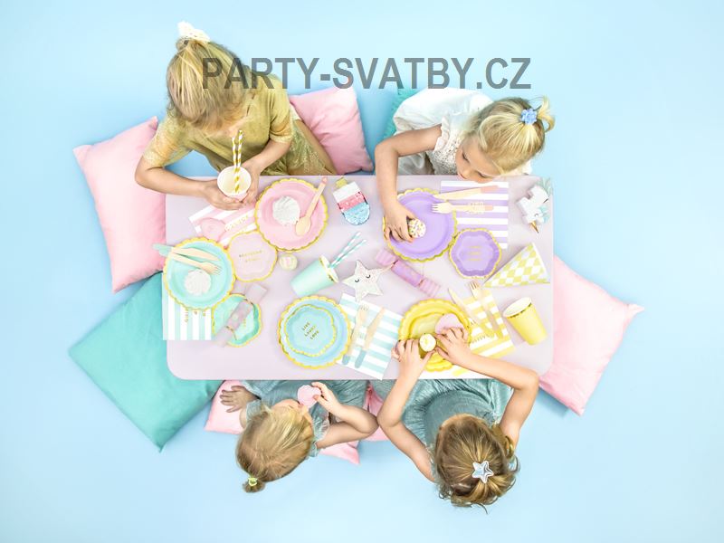 Papírový talíř 18cm světle modrá/zlatý okraj 6ks