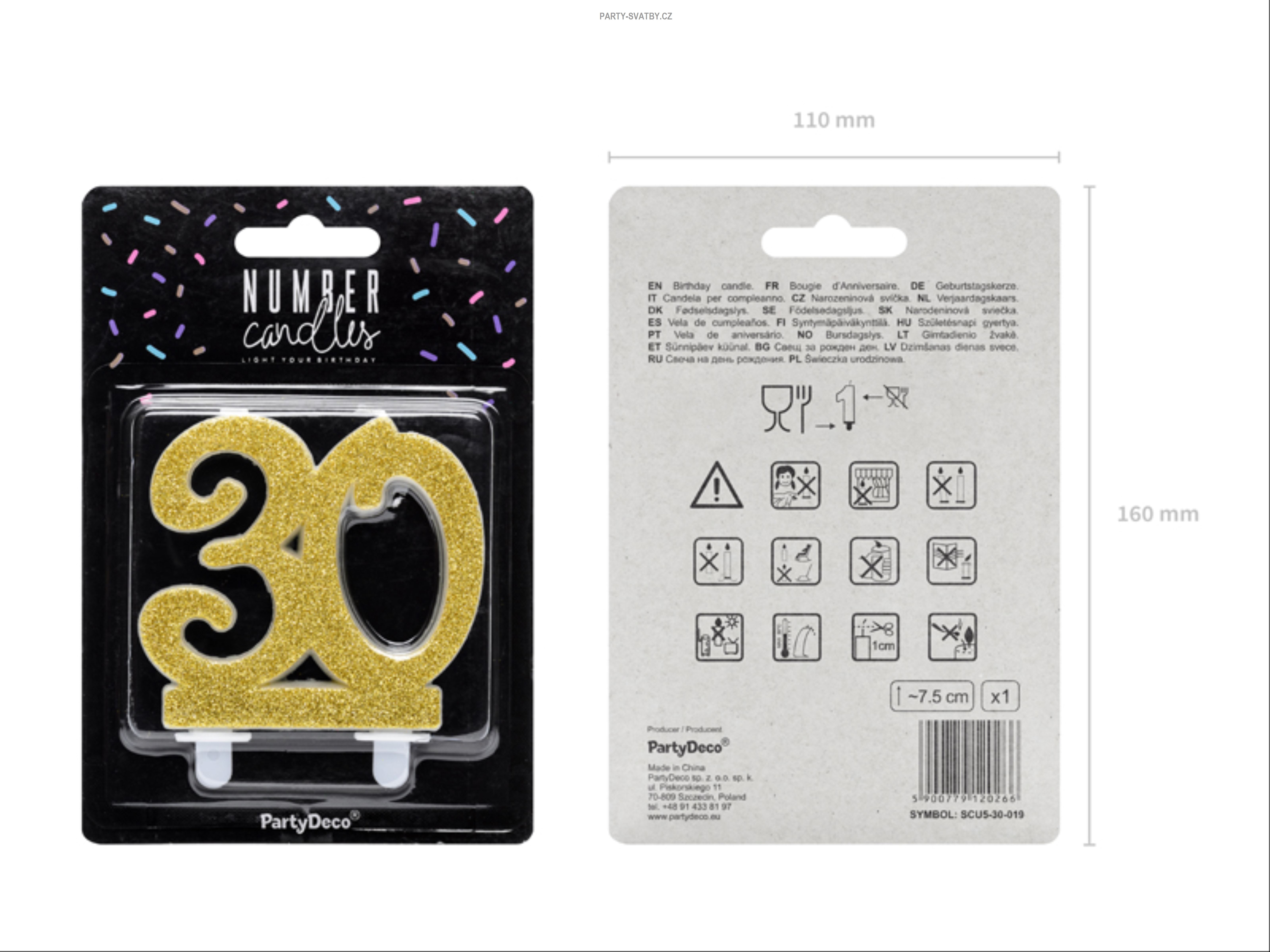 Narozeninové svíčky - číslo "30" glitter zlatá
