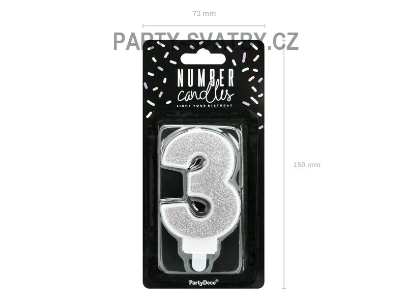 Narozeninové svíčky - číslo "3" glitter stříbrná